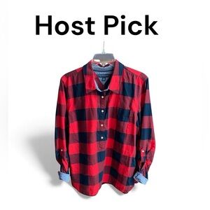 Tommy Hilfiger Women's Red and Navy Checkered Button Down Shirt